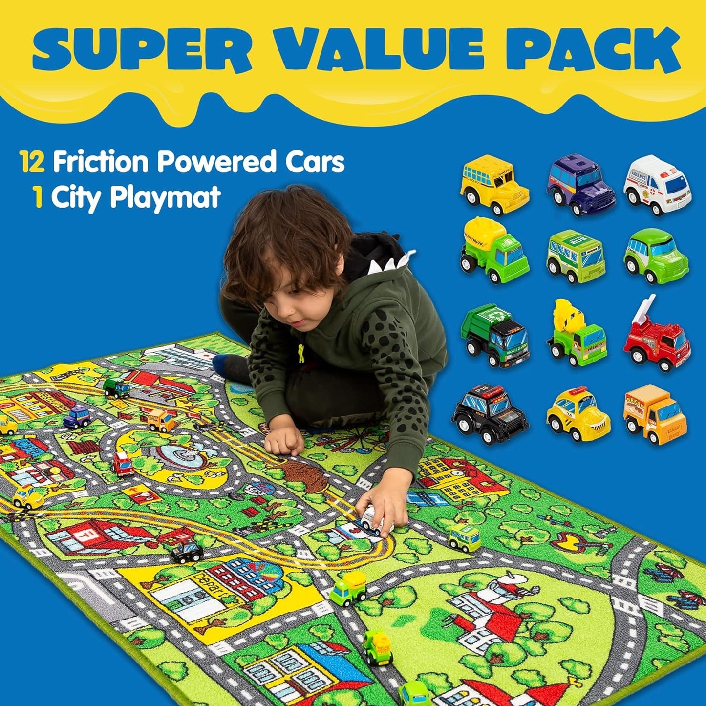 TNIRVAK Kids Play Rugs - 12 Pull-Back Vehicle Set - Durable Carpet Playmat Rug - City Pretend Play - Toddler Car Track Rug