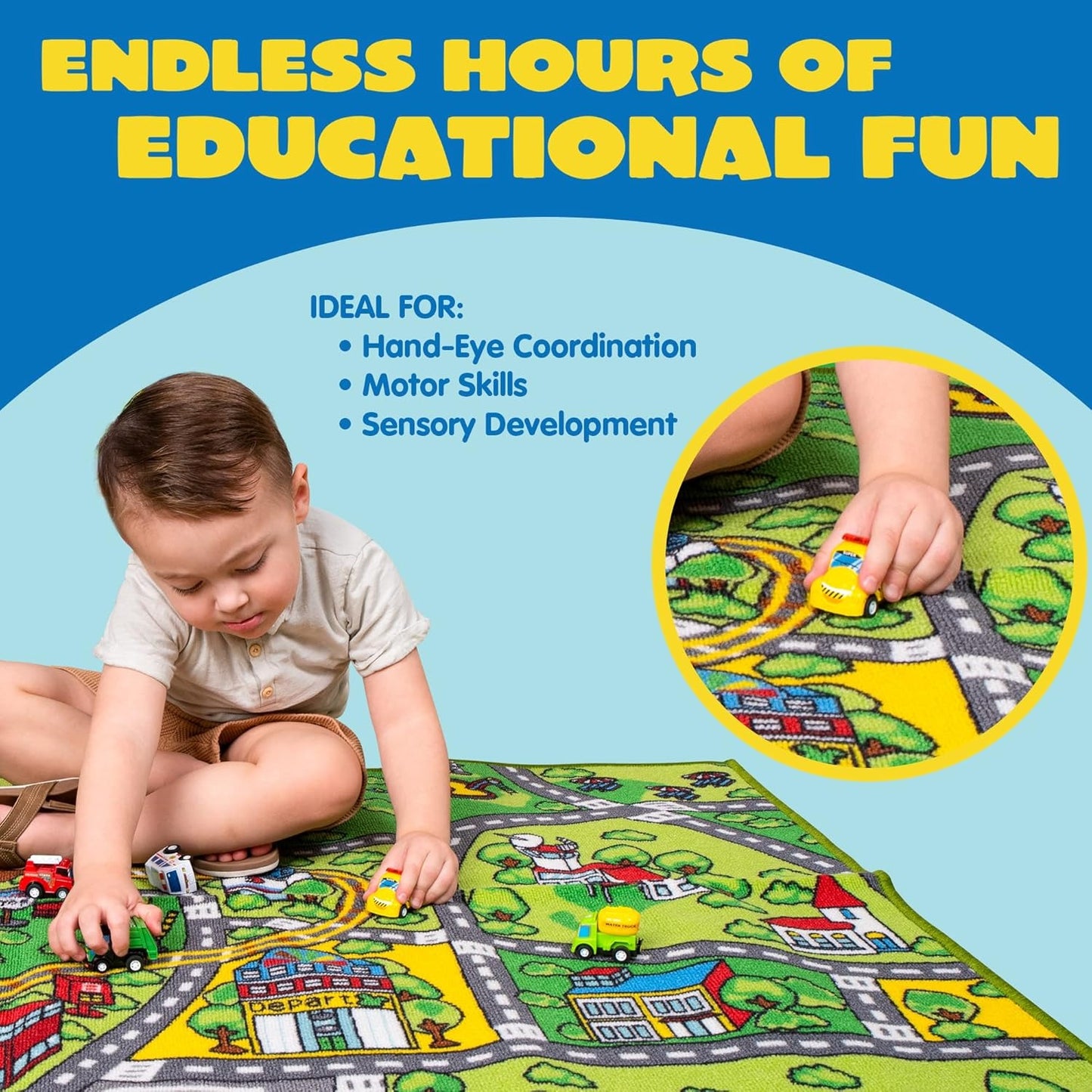 TNIRVAK Kids Play Rugs - 12 Pull-Back Vehicle Set - Durable Carpet Playmat Rug - City Pretend Play - Toddler Car Track Rug