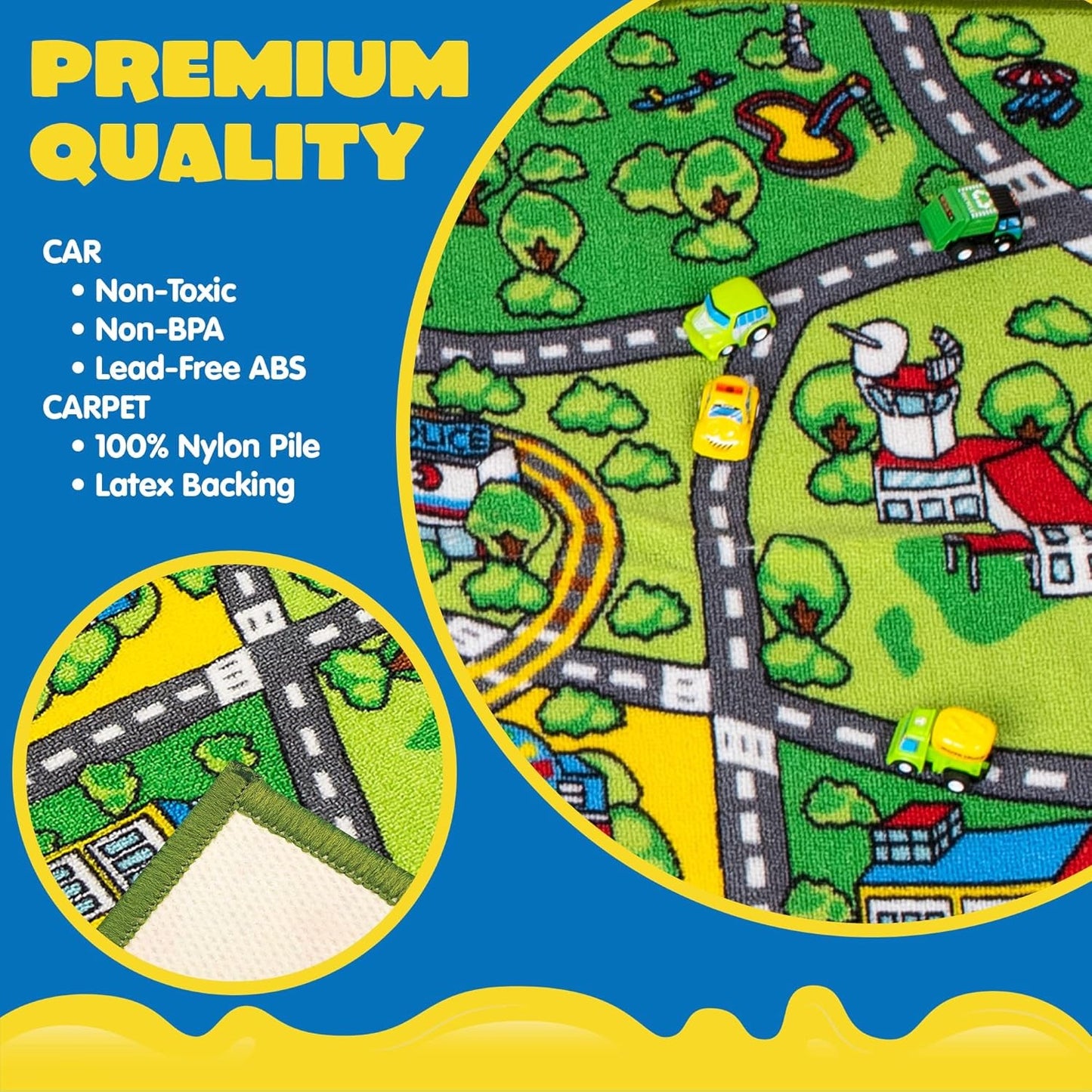 TNIRVAK Kids Play Rugs - 12 Pull-Back Vehicle Set - Durable Carpet Playmat Rug - City Pretend Play - Toddler Car Track Rug