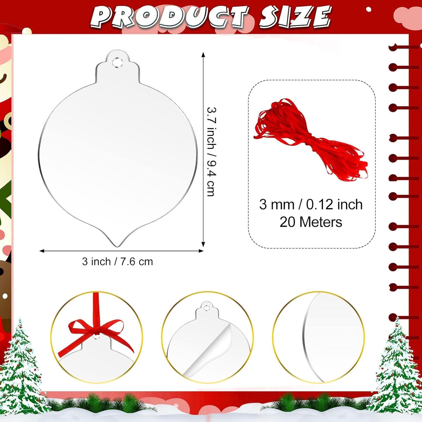 TNIRVAK 100 Pack Clear Round Acrylic Christmas Ornaments with Red Ribbon Christmas Clear Acrylic Ornaments DIY Blank Round Acrylic Ornament for Christmas Bauble Tree Decoration(Lantern)