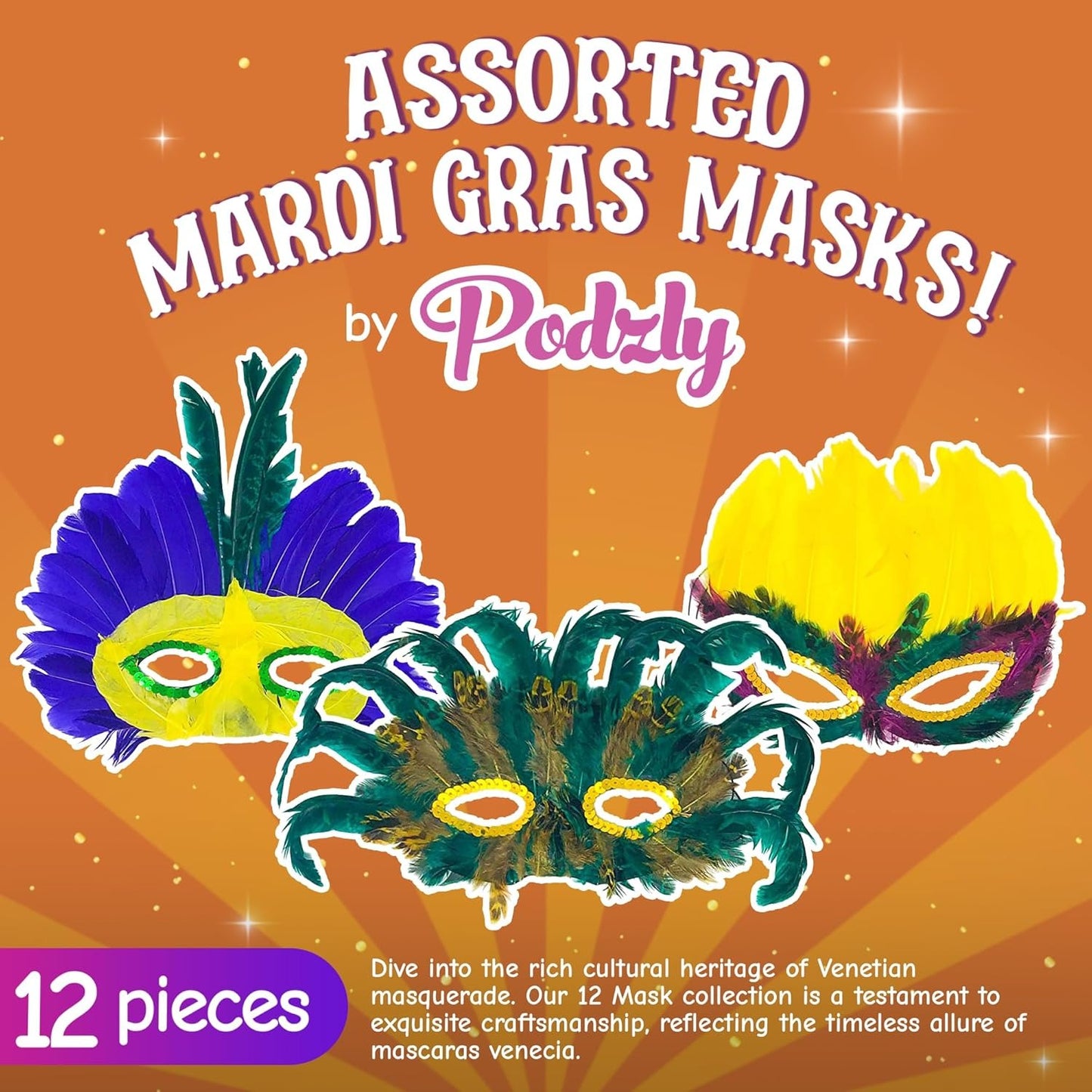 TNIRVAK- 12 Assorted Mardi Gras Masks - Party Masks - Ideal for Celebrations, Carnival, Prom, Ballroom - Perfect for New Year's Eve - Antifaces Elegantes, Venetian Masquerade Mask, Mascaras Venecia