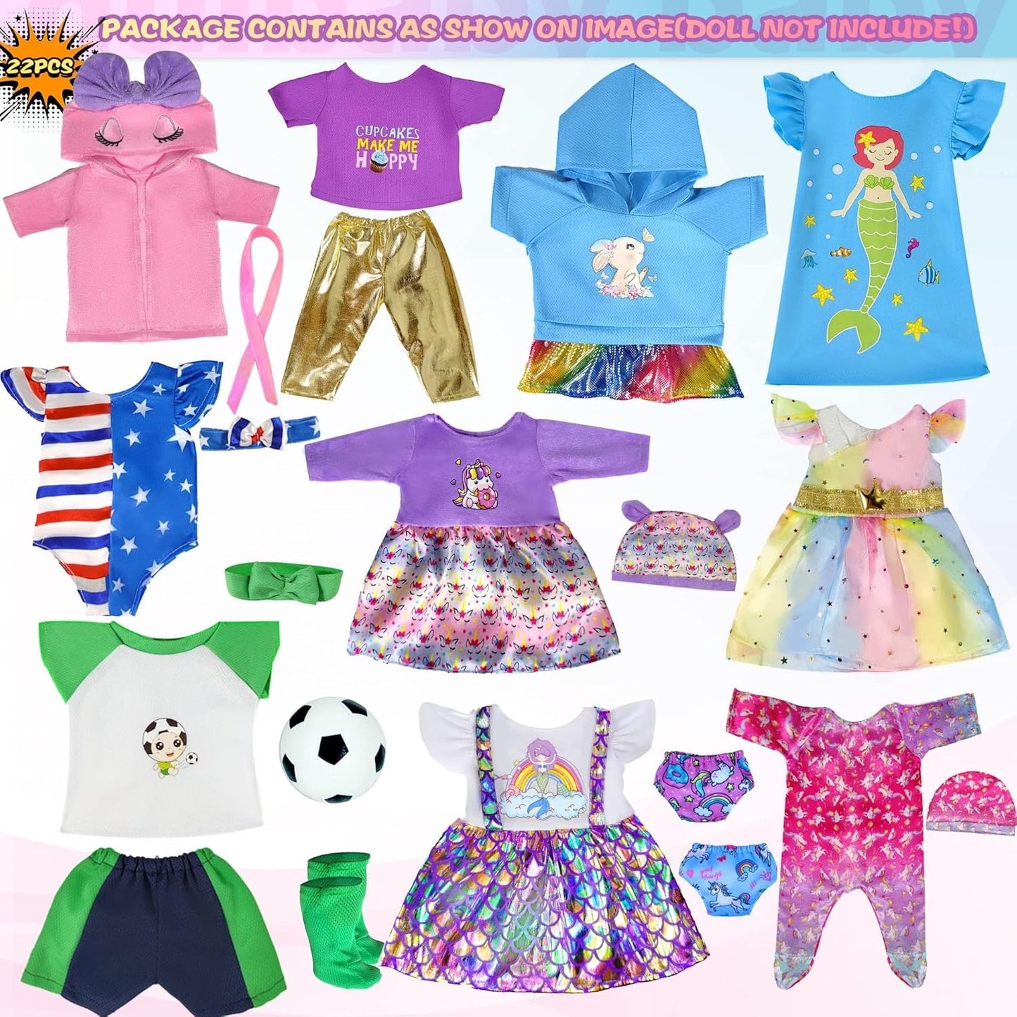 TNIRVAK 12 Sets 14-16-Inch Baby Doll Clothes Outfits, Dress, Headbands, Accessories Compatible With 43cm New Born Baby, 15-inch and 18-Inch Dolls