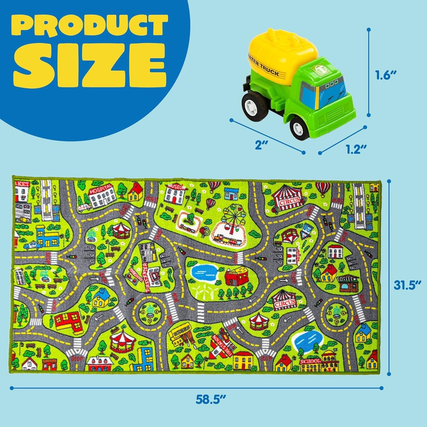 TNIRVAK Kids Play Rugs - 12 Pull-Back Vehicle Set - Durable Carpet Playmat Rug - City Pretend Play - Toddler Car Track Rug