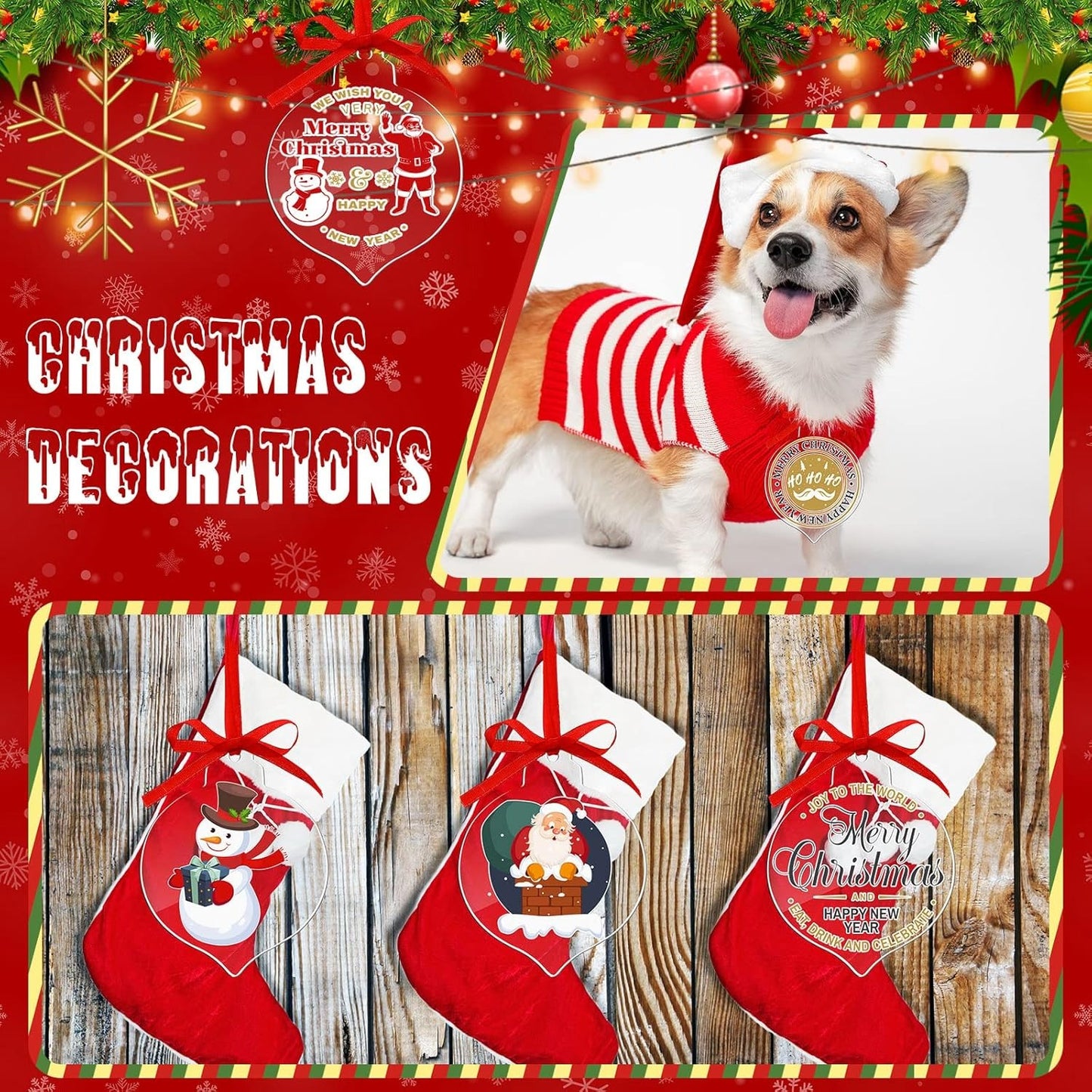 TNIRVAK 100 Pack Clear Round Acrylic Christmas Ornaments with Red Ribbon Christmas Clear Acrylic Ornaments DIY Blank Round Acrylic Ornament for Christmas Bauble Tree Decoration(Lantern)