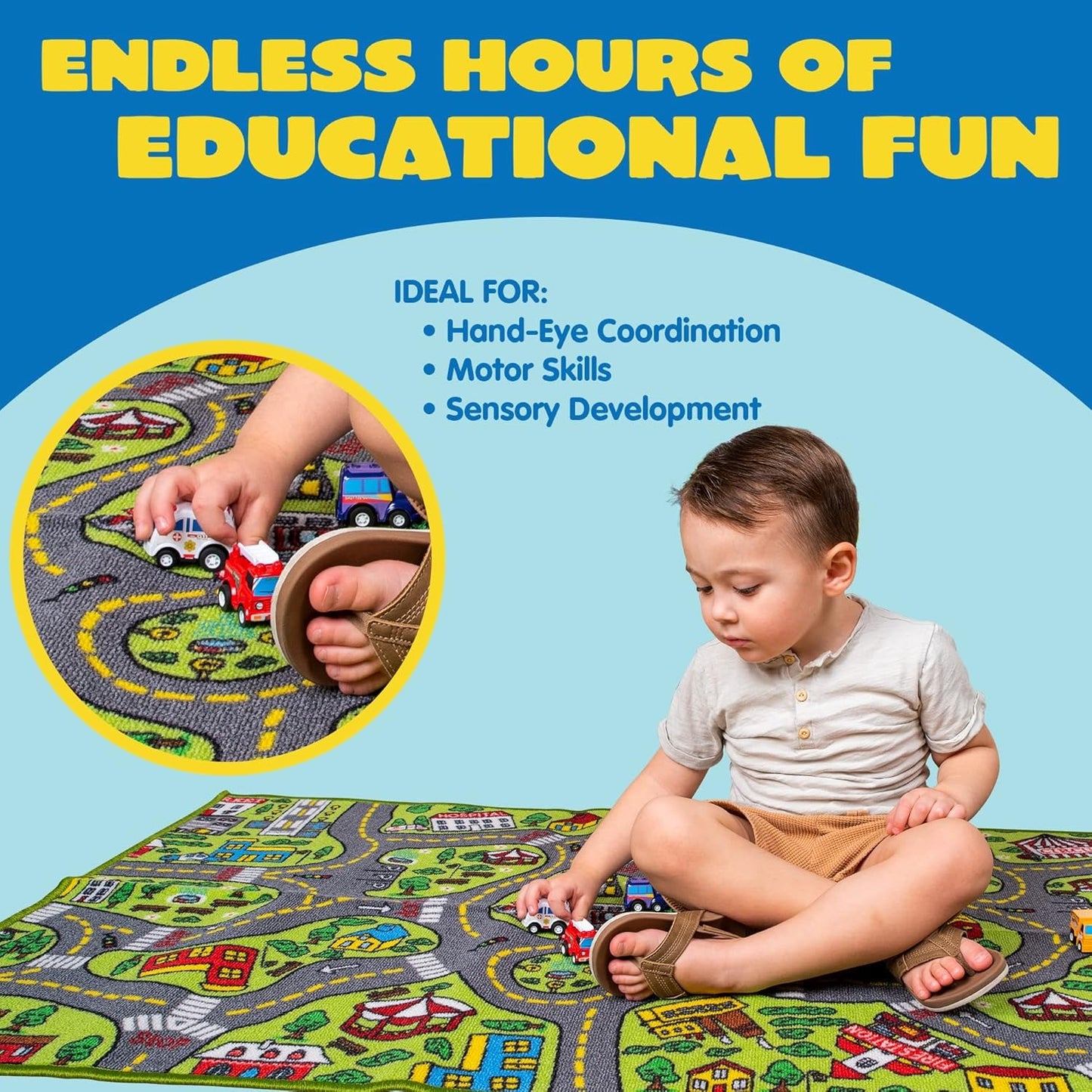 TNIRVAK Kids Play Rugs - 12 Pull-Back Vehicle Set - Durable Carpet Playmat Rug - City Pretend Play - Toddler Car Track Rug