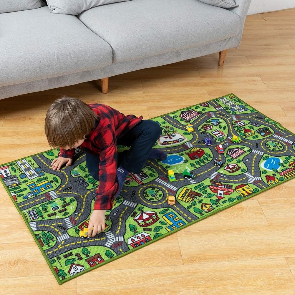 TNIRVAK Kids Play Rugs - 12 Pull-Back Vehicle Set - Durable Carpet Playmat Rug - City Pretend Play - Toddler Car Track Rug