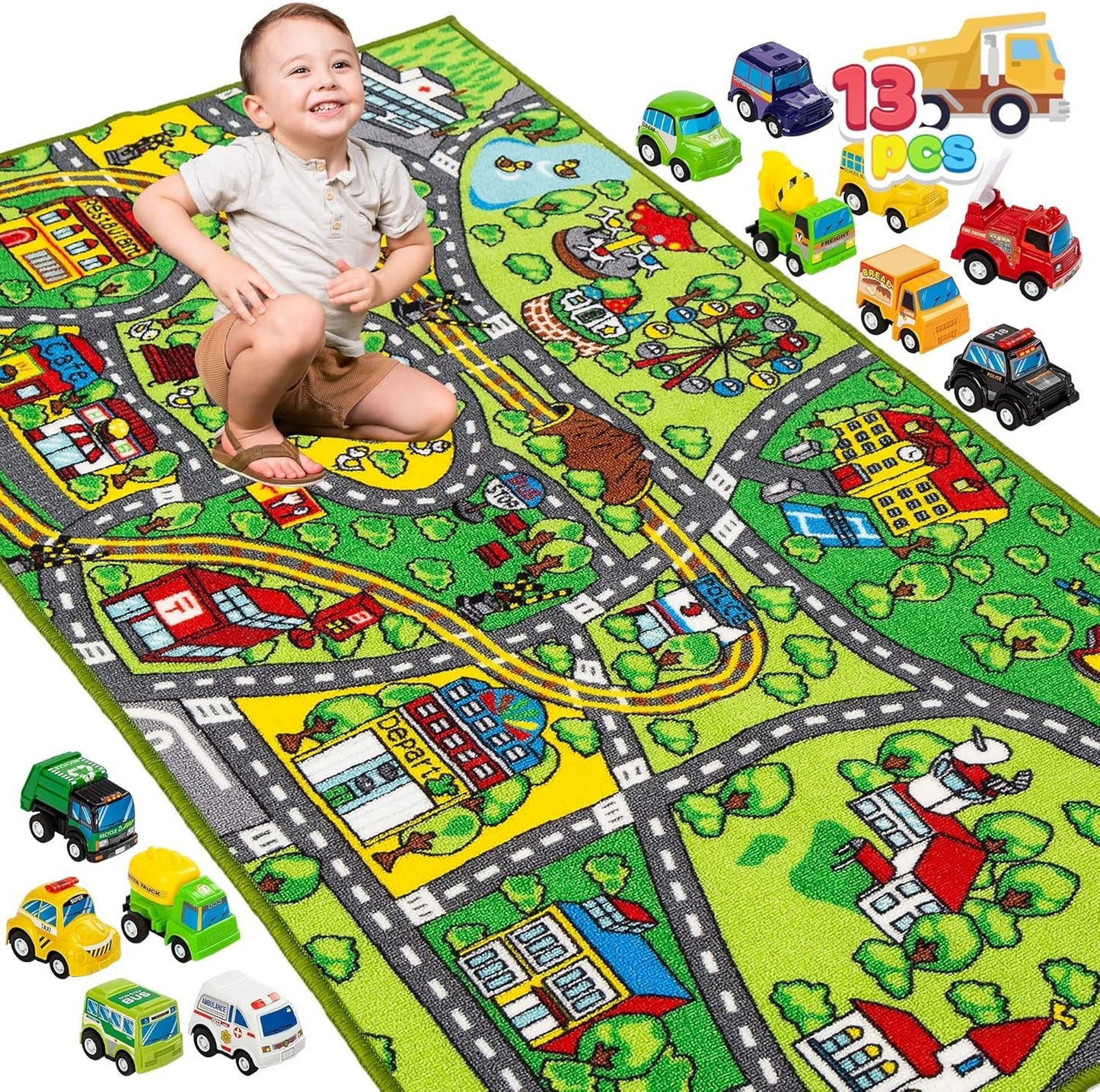 TNIRVAK Kids Play Rugs - 12 Pull-Back Vehicle Set - Durable Carpet Playmat Rug - City Pretend Play - Toddler Car Track Rug