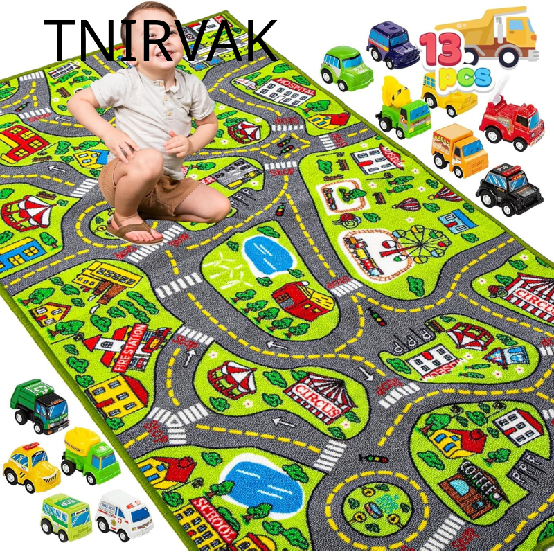 TNIRVAK Kids Play Rugs - 12 Pull-Back Vehicle Set - Durable Carpet Playmat Rug - City Pretend Play - Toddler Car Track Rug