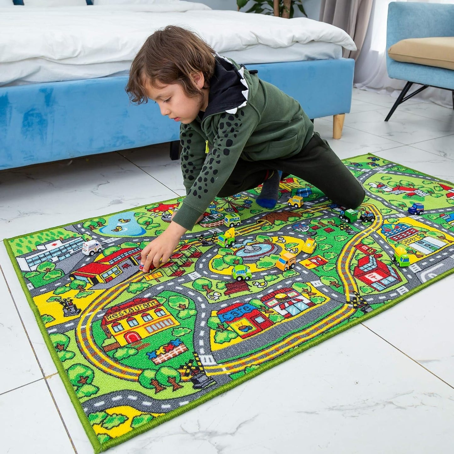 TNIRVAK Kids Play Rugs - 12 Pull-Back Vehicle Set - Durable Carpet Playmat Rug - City Pretend Play - Toddler Car Track Rug