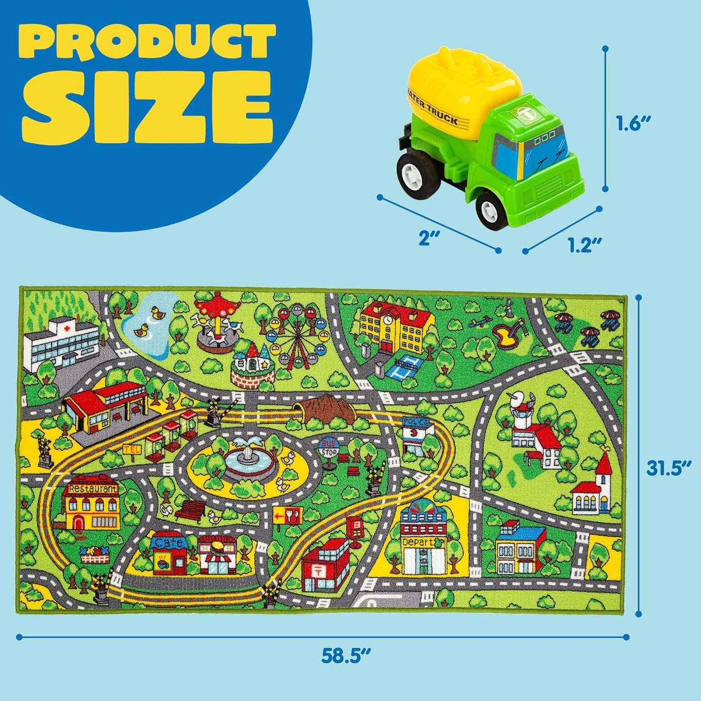 TNIRVAK Kids Play Rugs - 12 Pull-Back Vehicle Set - Durable Carpet Playmat Rug - City Pretend Play - Toddler Car Track Rug