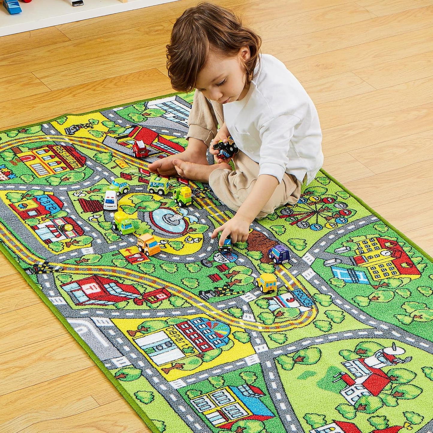 TNIRVAK Kids Play Rugs - 12 Pull-Back Vehicle Set - Durable Carpet Playmat Rug - City Pretend Play - Toddler Car Track Rug