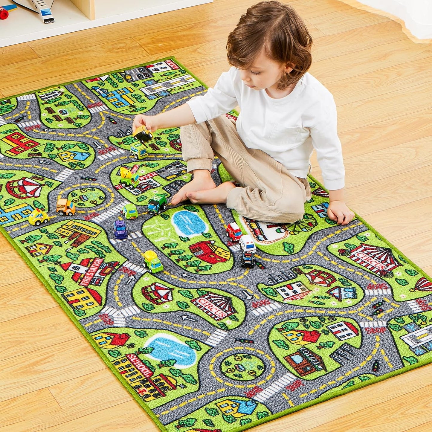 TNIRVAK Kids Play Rugs - 12 Pull-Back Vehicle Set - Durable Carpet Playmat Rug - City Pretend Play - Toddler Car Track Rug