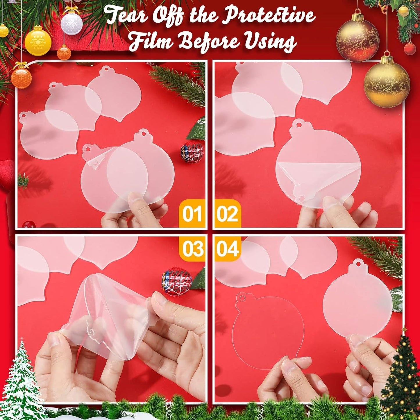 TNIRVAK 100 Pack Clear Round Acrylic Christmas Ornaments with Red Ribbon Christmas Clear Acrylic Ornaments DIY Blank Round Acrylic Ornament for Christmas Bauble Tree Decoration(Lantern)