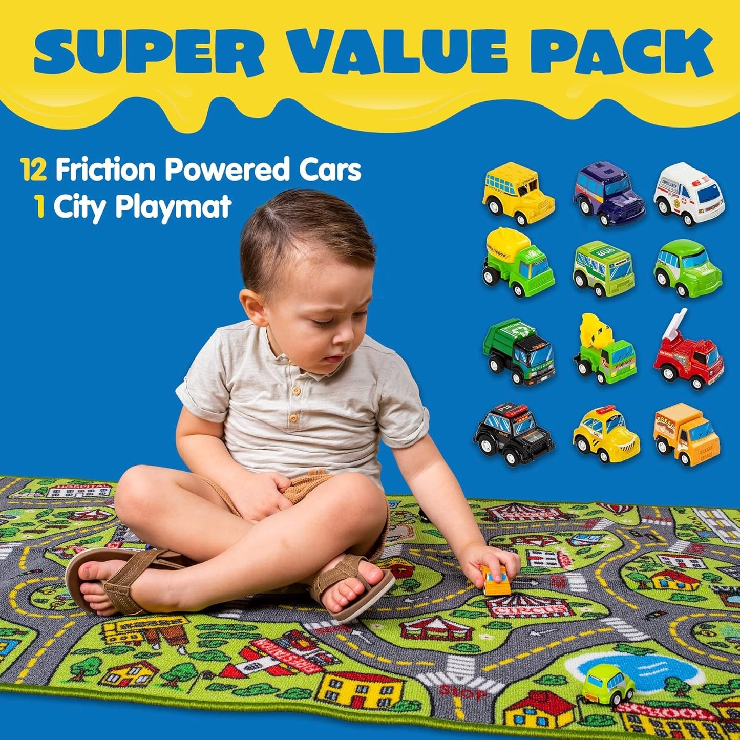 TNIRVAK Kids Play Rugs - 12 Pull-Back Vehicle Set - Durable Carpet Playmat Rug - City Pretend Play - Toddler Car Track Rug