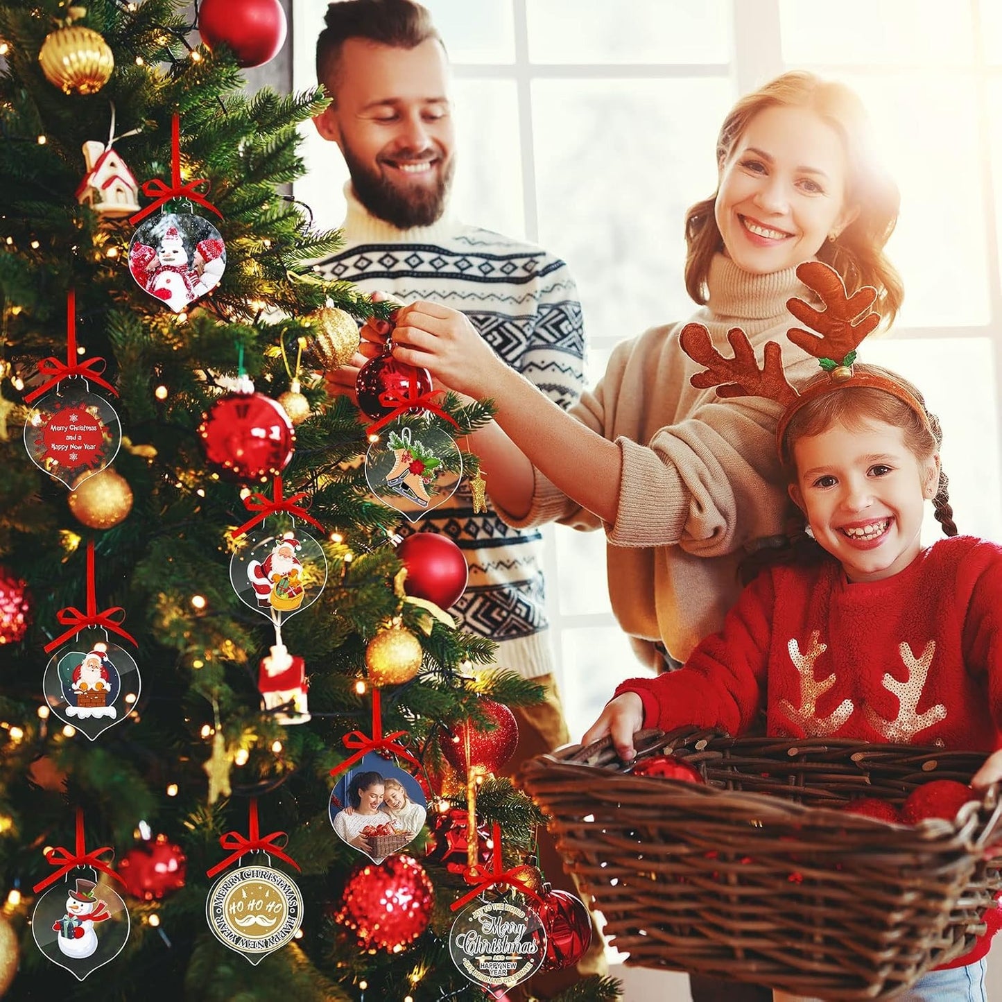TNIRVAK 100 Pack Clear Round Acrylic Christmas Ornaments with Red Ribbon Christmas Clear Acrylic Ornaments DIY Blank Round Acrylic Ornament for Christmas Bauble Tree Decoration(Lantern)