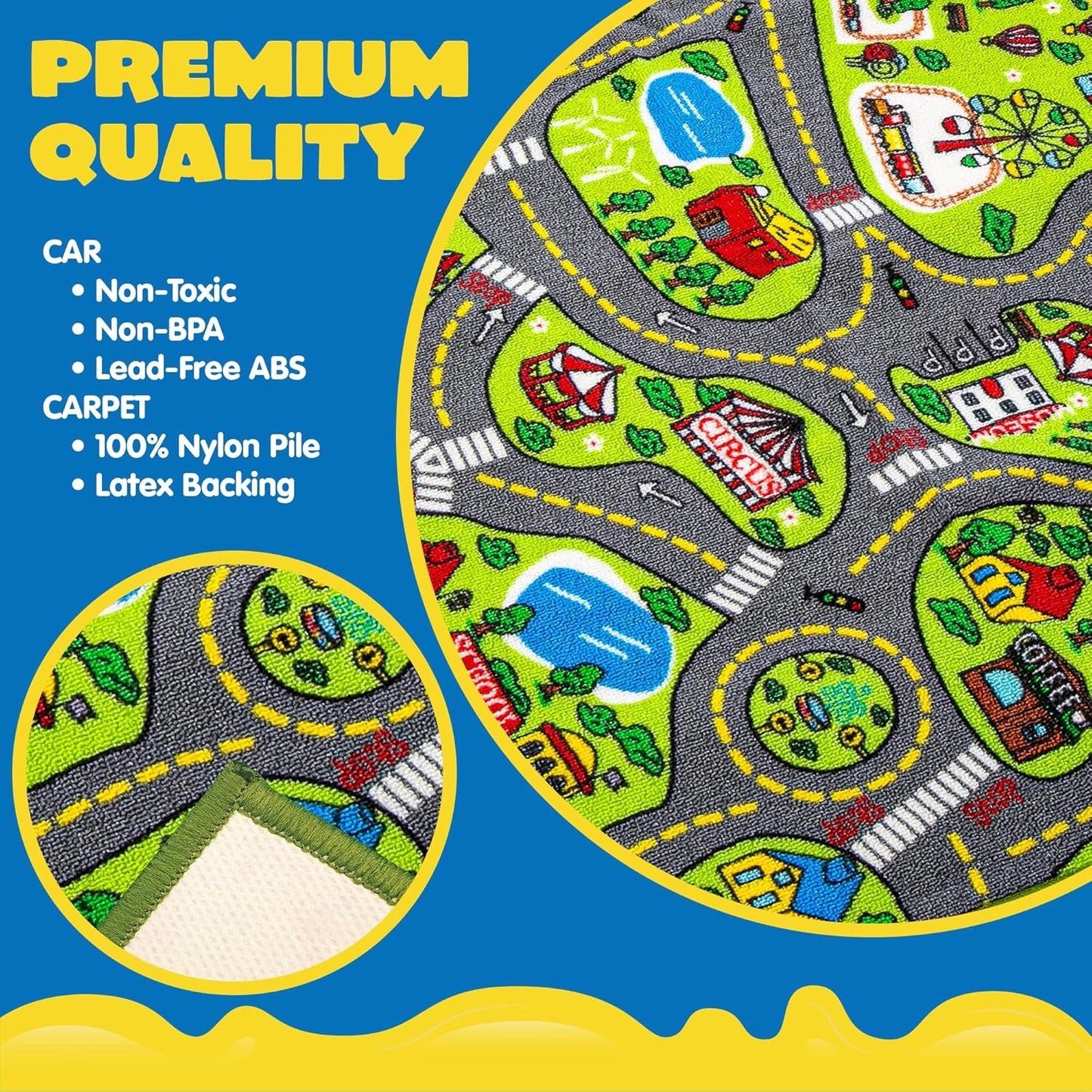 TNIRVAK Kids Play Rugs - 12 Pull-Back Vehicle Set - Durable Carpet Playmat Rug - City Pretend Play - Toddler Car Track Rug