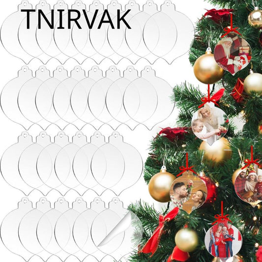 TNIRVAK 100 Pack Clear Round Acrylic Christmas Ornaments with Red Ribbon Christmas Clear Acrylic Ornaments DIY Blank Round Acrylic Ornament for Christmas Bauble Tree Decoration(Lantern)