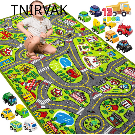 TNIRVAK Kids Play Rugs - 12 Pull-Back Vehicle Set - Durable Carpet Playmat Rug - City Pretend Play - Toddler Car Track Rug